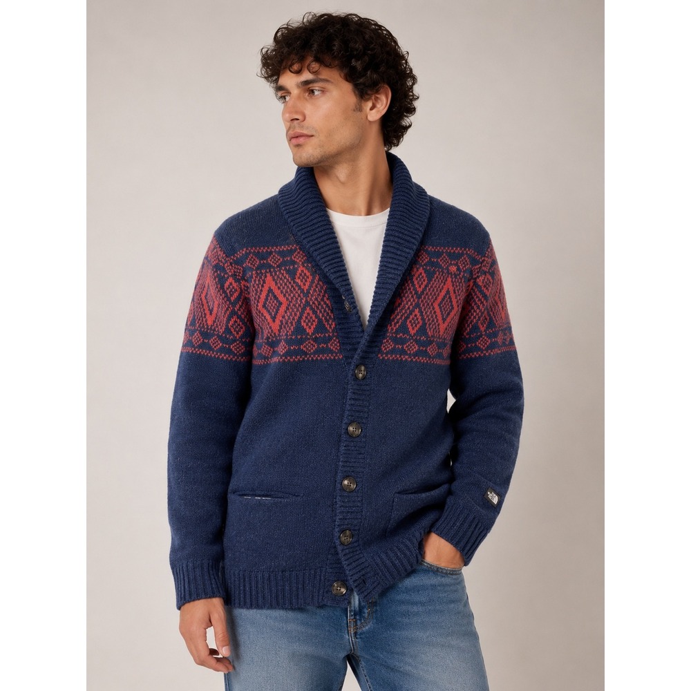 The North Face Fair Isle Pattern‎ Cardigan Sweater Navy Blue & Coral Button |V1